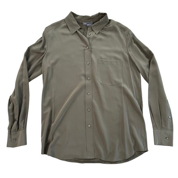 Vince Olive Green Silk Button Up Long Sleeve Top Blouse Size Medium